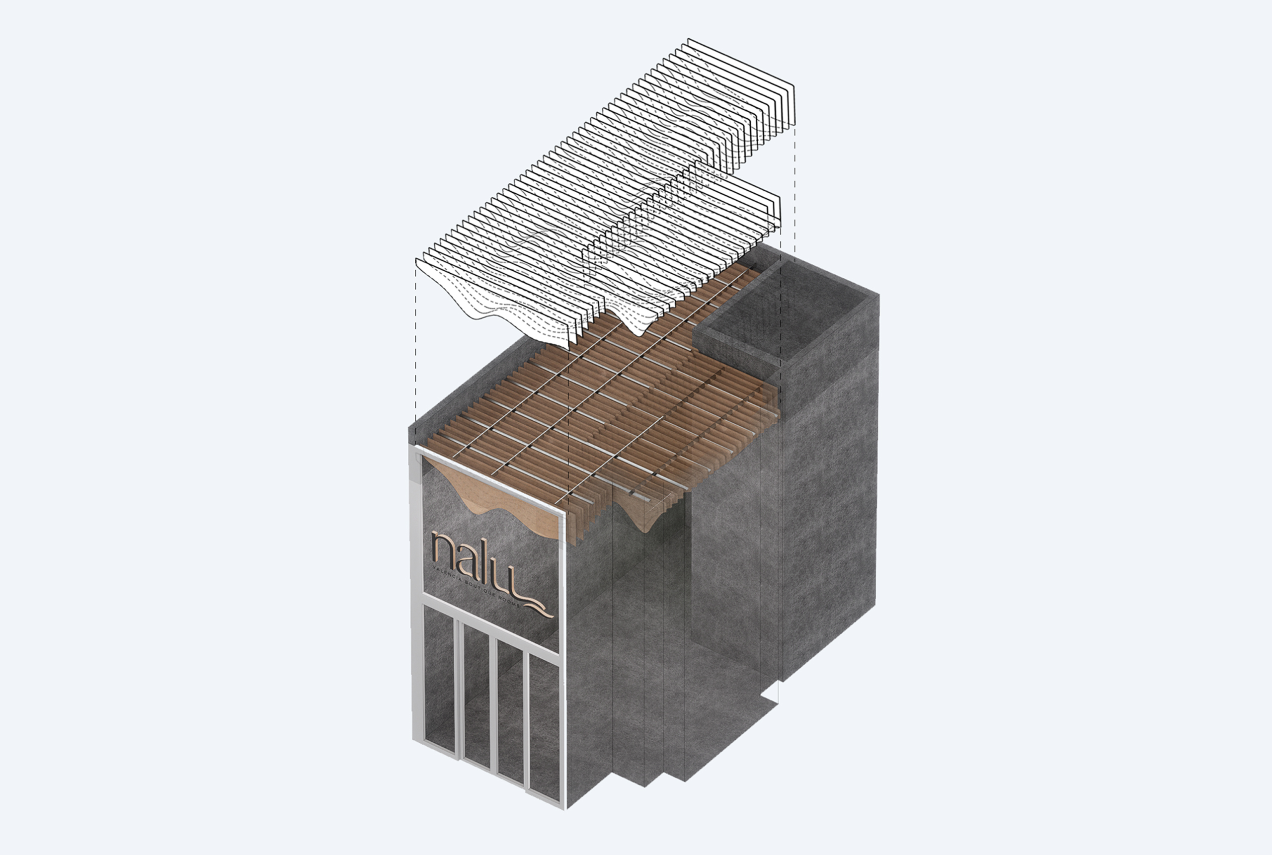 Render del diseño de decoración de techo paramétrico para hostal